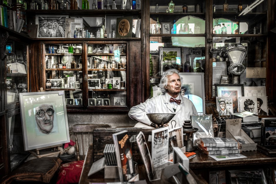A vintage pharmacy displaying books, portraits, and a pharmacist in a reflective setting.