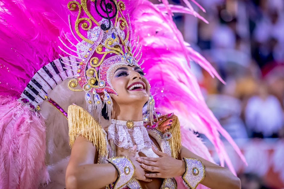 Joyful carnival performer in a colorful, beaded costume at the Encarnación festival, Paraguay.